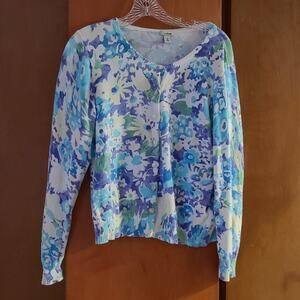 Womens LL Bean Medium Petite Supima Floral Button Down Cardigan Cottagecore